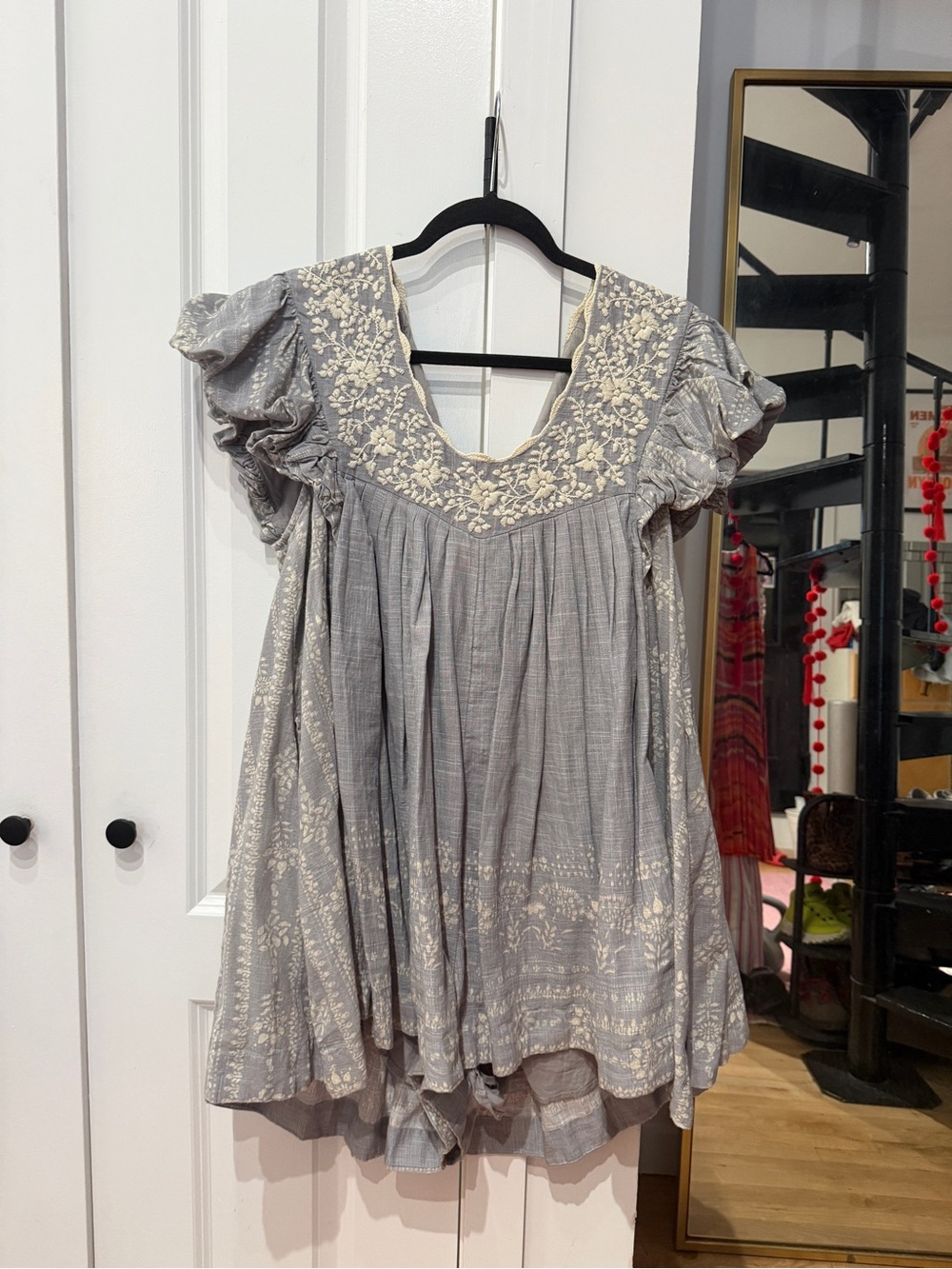 Free People Gray Embroidered Puff-Sleeve Romper